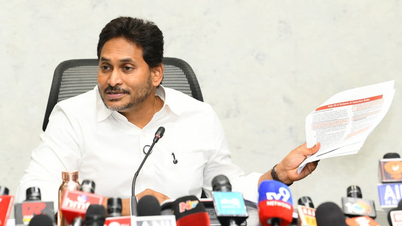 YS Jagan Mohan Reddy addresses the media in Tadepalli, demanding a CBI probe into alleged irregularities in the DSC recruitment process.