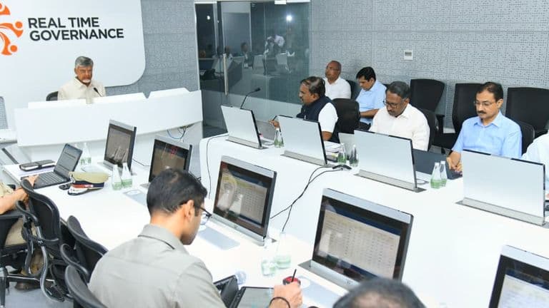 Chief Minister N. Chandrababu Naidu reviews the functioning of the Real-Time Governance Centre at the Secretariat in Amaravati