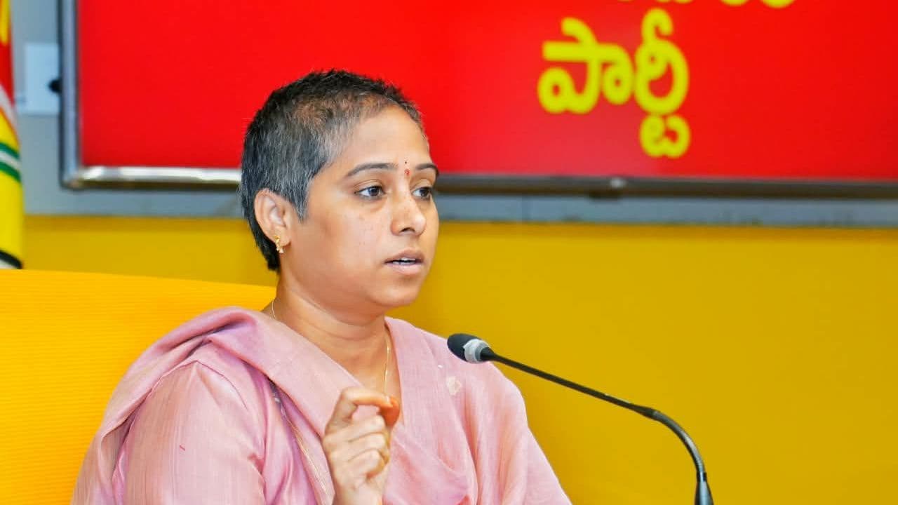Guntur West MLA Galla Madhavi addresses the media at the TDP Central Office in Mangalagiri.
