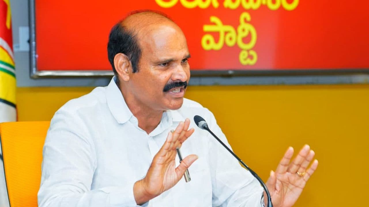 Housing and Information & Public Relations Minister Kolusu Partha Sarathy addresses a press conference at NTR Bhavan in Mangalagiri on Monday.