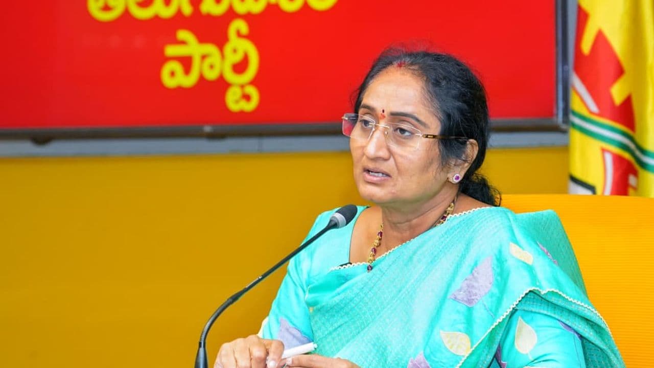 Minister S. Savitha addressing a press conference at the TDP Central Office, NTR Bhavan, Mangalagiri.
