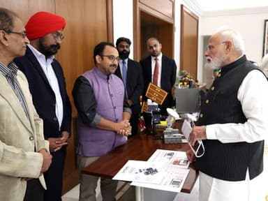 Prime Minister Narendra Modi interacts with CEOs and founders of Indian space startups at Seva Teerth.