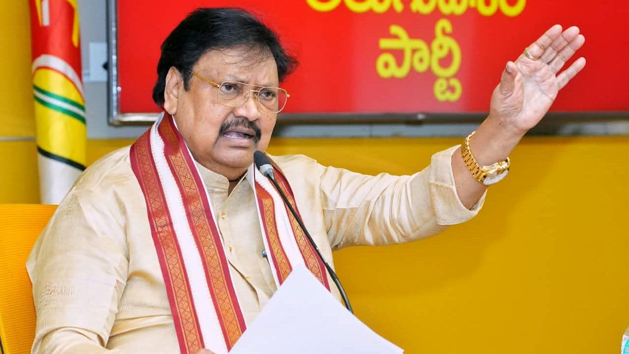 TDP MLC Varla Ramaiah addresses the media at the TDP Central Office in Mangalagiri.