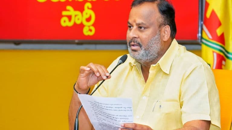 Transport Minister Mandipalli Ramprasad Reddy addresses the media at the TDP Central Office in Mangalagiri