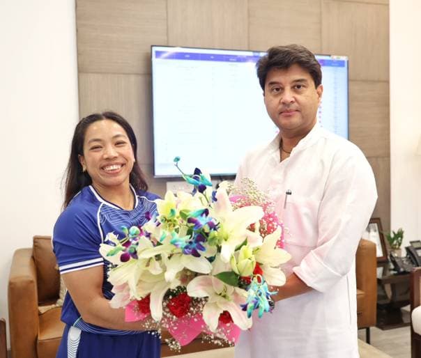 Union Minister Jyotiraditya Scindia meets Commonwealth Games gold medallist Mirabai Chanu to discuss athlete development and sports infrastructure in the Northeast.