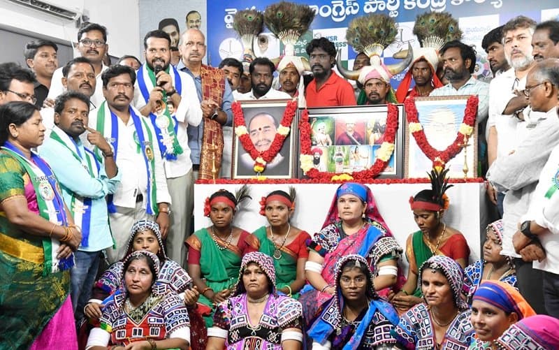 YSRCP tribal leaders participating in International Day of the World's Indigenous Peoples celebrations at the YSRCP Central Office in Tadepalli.
